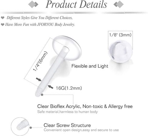 JFORYOU 16G 24 قطعة من مجوهرات الشفاه الشفافة Labret Medusa Piercing Studs Jewelry المسطحة من البلاستيك الخلفي حلقات الشفاه التجنيب دفع صالح Bioflex ثقب لمونرو Ashelry Tragus Helix 6 مم 8 مم 10 مم 12 مم للعمل in Kuwait