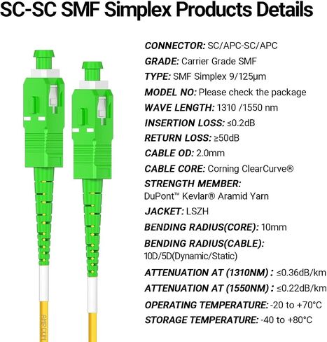 AMPCOM OS1/2 SC Fiber Optic Patch Cable Carrier-Grade, SC/APC to SC/APC Singlemode, 2.0mm, 9/125µ, Simplex, SMF, LSZH, 50m/ 165ft in Saudi Arabia