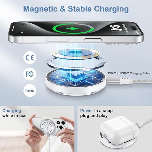حامل شاحن لاسلكي مغناطيسي بقدرة 15 وات شاحن MagSafe لهاتف iPhone 15 Pro Max/14/13/12، وPixel 8a 8 قاعدة شحن لاسلكية سريعة لهواتف Samsung Galaxy S24/S23 Ultra/Z Fold 5/S22/S21/S10 in Kuwait