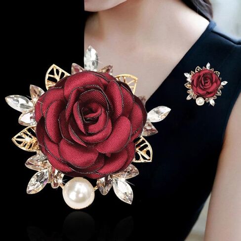 Fabric Rose Brooch for Women Elegant Pearl Flower Brooches Handmade Crystal Pearl Pins Fabric Flower Lapel Pin Dress Suit Accessories in Kuwait