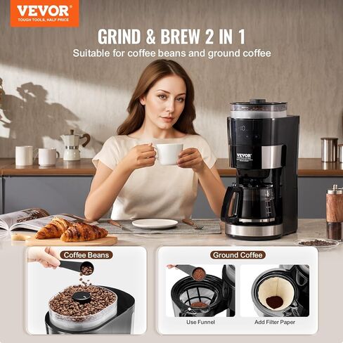 VEVOR Coffee Maker with Grinder, 10 Cup Coffee Machine, Grind and Brew Coffee Maker with 3 Brew Strength Control, Drip Coffee Maker with Adjustable Grinding Coarseness, for Home Office Restaurant in Saudi Arabia