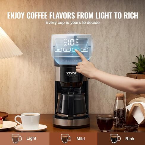 VEVOR Coffee Maker with Grinder, 10 Cup Coffee Machine, Grind and Brew Coffee Maker with 3 Brew Strength Control, Drip Coffee Maker with Adjustable Grinding Coarseness, for Home Office Restaurant in Saudi Arabia