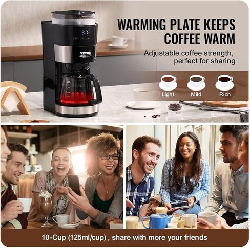 VEVOR Coffee Maker with Grinder, 10 Cup Coffee Machine, Grind and Brew Coffee Maker with 3 Brew Strength Control, Drip Coffee Maker with Adjustable Grinding Coarseness, for Home Office Restaurant in Saudi Arabia