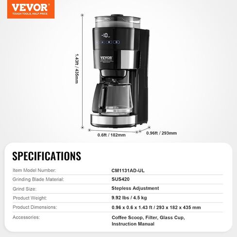 VEVOR Coffee Maker with Grinder, 10 Cup Coffee Machine, Grind and Brew Coffee Maker with 3 Brew Strength Control, Drip Coffee Maker with Adjustable Grinding Coarseness, for Home Office Restaurant in Saudi Arabia