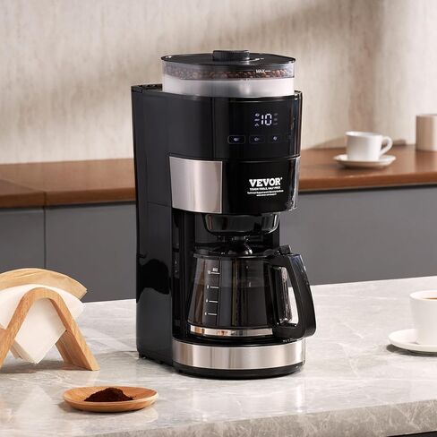 VEVOR Coffee Maker with Grinder, 10 Cup Coffee Machine, Grind and Brew Coffee Maker with 3 Brew Strength Control, Drip Coffee Maker with Adjustable Grinding Coarseness, for Home Office Restaurant in Saudi Arabia
