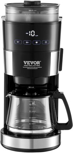 VEVOR Coffee Maker with Grinder, 10 Cup Coffee Machine, Grind and Brew Coffee Maker with 3 Brew Strength Control, Drip Coffee Maker with Adjustable Grinding Coarseness, for Home Office Restaurant in Saudi Arabia