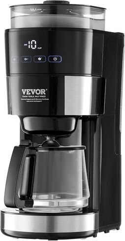 VEVOR Coffee Maker with Grinder, 10 Cup Coffee Machine, Grind and Brew Coffee Maker with 3 Brew Strength Control, Drip Coffee Maker with Adjustable Grinding Coarseness, for Home Office Restaurant in Saudi Arabia