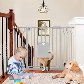 Baby Gate with Cat Door for Stairs - Auto Close & Easy Walk Thru Dog Pet Gates for Stairs 30"-43.7" Wide, Doorway, Pressure or Wall Mounted Child Gate Includes 4 Wall Cups 2 Extensions (Gray)