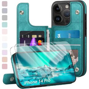 Designed for iPhone 14 Pro Case Wallet, Card Holder Case with [2 Screen Protectors][Magnetic Clasp Folio Cover][RFID Blocking Leather] Shockproof Women Men Cases 6.1" for Apple 14 Pro Light Brown