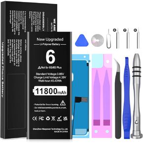 11800mAh Upgraded Battery for iPhone 6, 2024 New Version Ultra-High Capacity 0 Cycle Replacement Battery for iPhone 6 A1586,A1589,A1549 with Professional Repair Tool Kits