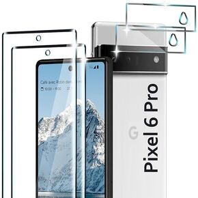 [2+2 Pack Pixel 6 Pro Screen Protector with Camera Lens Protector, 9H Tempered Glass, 3D Curved Full Coverage, HD Clear for Google Pixel 6 Pro 5G Glass Screen Protector