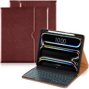 DTTO for iPad Pro 13 Inch Case 2024 with Keyboard (M4), 7 Colors Backlit Wireless Detachable Keyboard Premium Leather Folio Cover with Pencil Holder & Pocket, Brown