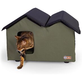 K&H Pet Products بيت مرتفع للقطط الخارجية للقطط الخارجية - عريض للغاية - مأوى كبير للقطط الخارجية، معزول، مقاوم للماء، 2 غطاء باب من الفينيل، تجميع بدون أدوات، مأوى للقطط الوحشية للخارج