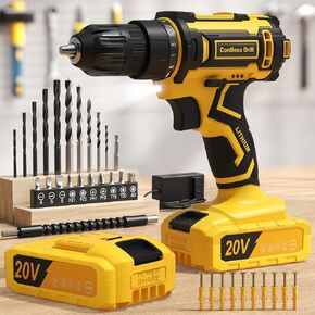 Cordless Drill Set, 20V Power Drill set with 2 Batteries and Charger, 3/8 Inch Chuck Electric Drill, 25+1 Torque Setting,370 In-lb Torque, Yellow