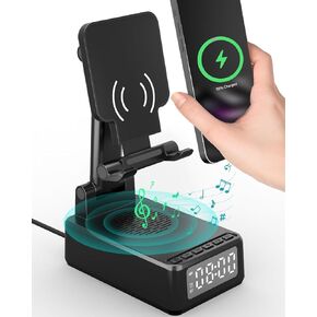 Gifts for Men Cell Phone Stand with Wireless Bluetooth Speaker and Wireless Charger, Phone Charger Stand with Digital Alarm Clock for iPhone, Birthday Gifts for Men,Boyfriend,Dad,Women,Christmas