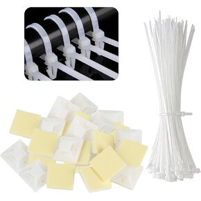 200 Adhesive Cable Zip Tie Mounts 3/4" & 200 Zip Ties White 0.16x10 ",Self Adhesive Wire Clips Zip Tie Holder Mounts, Wire Sticky Clips,Cable Management Anchors Wire Holders for Cords Organizer