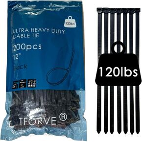 200pcs 12 inch Zip Cable Ties, 120lbs Tensile Strength Heavy Duty, UV Resistant for Indoor/Outdoor Use, Black