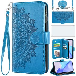 Asuwish Phone Case for OnePlus 9 OnePlus9 5G Wallet Cell Cover with Screen Protector Lanyard Wrist Strap Mandala Flower Zipper Card Holder One Plus9 On 1 Plus 1plus One+ 1+ 1+9 Nine Women Girls Pink in Saudi Arabia