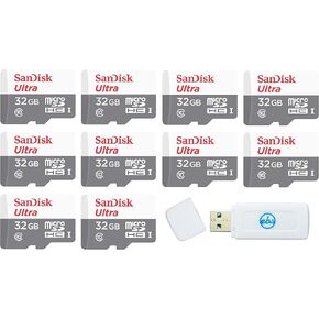 Sandisk 32GB Micro SDHC Ultra (10 Pack) MicroSD TF Flash Memory Card High Speed Class 10 (SDSQUNR-032G-GN3MN) Bundle with (1) Everything But Stromboli MicroSDXC & SD Card Reader