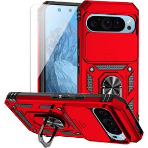 for Google Pixel 9 / Pixel 9 Pro Case with Camera Lens Cover HD Screen Protector, Dual Layer Military-Grade Tested Magnetic Ring Holder Kickstand Protective Phone Case for Pixel 9/9 Pro (Navy Blue)