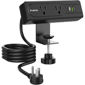 Desk Clamp Power Strip, 6FT Desk Outlet Station with 3 Outlet, PD 20W Fast Charging, Flat Plug, 16 Gauge, Black Desk Power Strip with USB C, Fit 1.72" Tabletop Edge