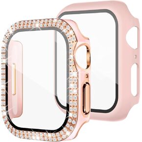 2 Pack 40mm Case Compatible with Apple Watch Cover, Bling Diamond Cover + Hard PC Case with Tempered Glass Screen Protector Compatible for Apple Watch Series SE 9 8 7 6 5 4, Pink