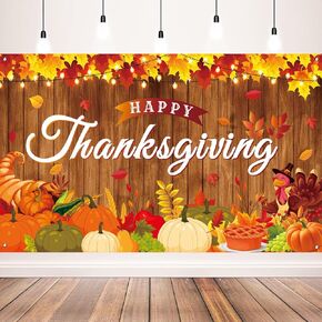Happy Thanksgiving Backdrop Fall Maple Leaves Wooden Turkey Pumpkin Themed Thanksgiving Banner for Thanksgiving Party Decorations, 71x43 Inches