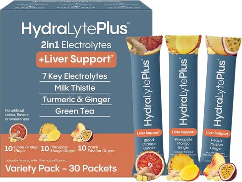 Hydralyte Liver Support + Electrolyte Mix with Milk Thistle, Turmeric, Ginger, Prickly Pear, Green Tea Extract Formulated for Rapid Rehydration (Peach Passion Ginger, 20 Packets) in Saudi Arabia