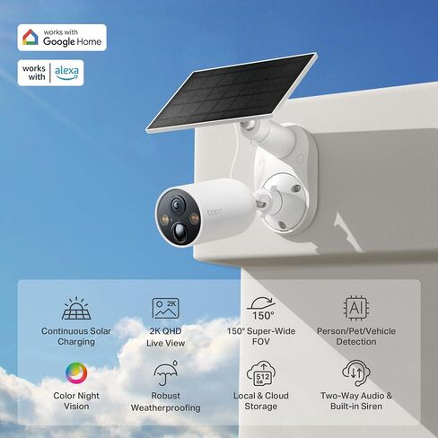مجموعة Tapo SolarCam C403، كاميرا بطارية خارجية مع لوحة شمسية، لاسلكية، 1080 بكسل، اكتشاف مجاني للشخص، تخزين SD/سحابي، رؤية ليلية ملونة، أضواء كاشفة ومنبه مدمج، لا حاجة إلى محور، أسود in Kuwait