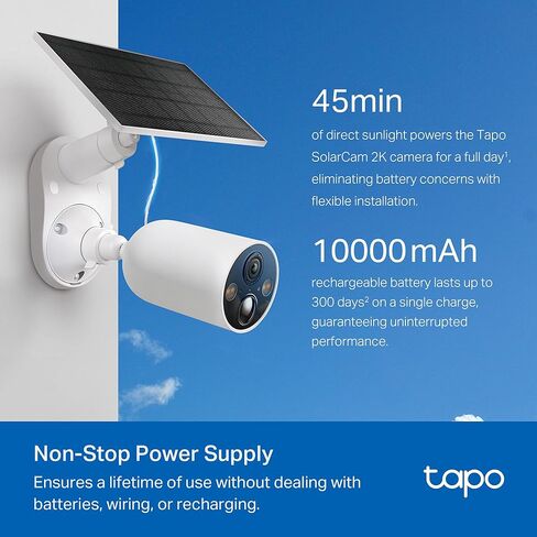 مجموعة Tapo SolarCam C403، كاميرا بطارية خارجية مع لوحة شمسية، لاسلكية، 1080 بكسل، اكتشاف مجاني للشخص، تخزين SD/سحابي، رؤية ليلية ملونة، أضواء كاشفة ومنبه مدمج، لا حاجة إلى محور، أسود in Kuwait
