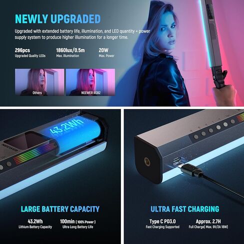 عصا إضاءة أنبوبية LED من NEEWER RGB2 مع باب معدني، مقبض، شريط لمس/APP/تحكم 2.4G، ضوء فيديو RGB مغناطيسي محمول قابل لإعادة الشحن، 2500K-10000K CRI98+ إضاءة تصوير فوتوغرافي خافتة، 18 مشهدًا in Kuwait