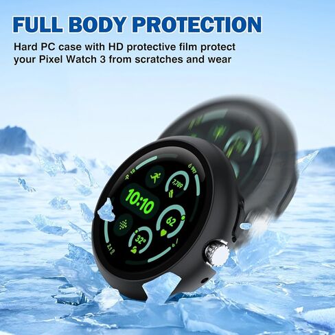 عبوة من 3 قطع متوافقة مع ساعة Google Pixel Watch 3 (2024) مقاس 45 مم، حافظة حماية كاملة من البولي كربونات الصلب مع زجاج مقسى رفيع حساس للمس لساعة Pixel 3 - أسود + شفاف + فضي in Kuwait