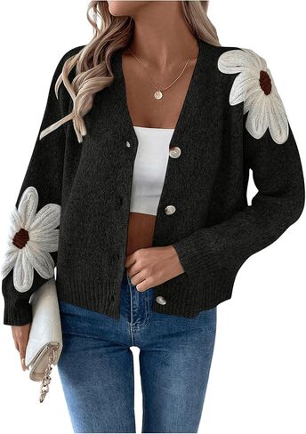 SHENHE Women's Flora V Neck Button Down Cardigan Drop Shoulder Elegant Flower Sweater Outerwear in Saudi Arabia