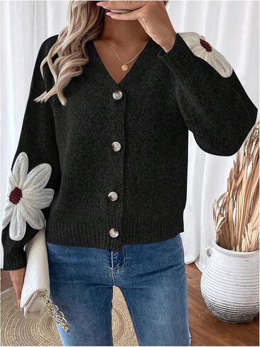 SHENHE Women's Flora V Neck Button Down Cardigan Drop Shoulder Elegant Flower Sweater Outerwear in Saudi Arabia