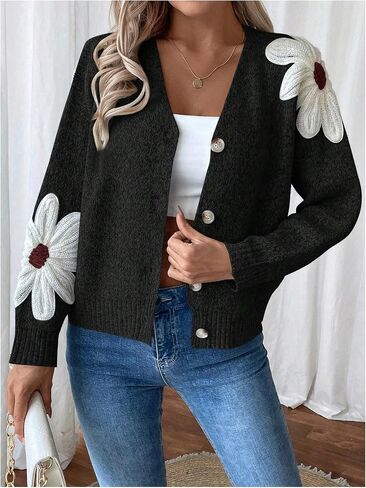 SHENHE Women's Flora V Neck Button Down Cardigan Drop Shoulder Elegant Flower Sweater Outerwear in Saudi Arabia