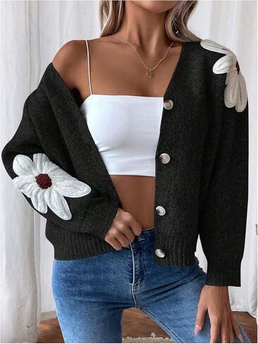 SHENHE Women's Flora V Neck Button Down Cardigan Drop Shoulder Elegant Flower Sweater Outerwear in Saudi Arabia