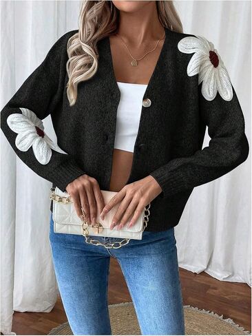SHENHE Women's Flora V Neck Button Down Cardigan Drop Shoulder Elegant Flower Sweater Outerwear in Saudi Arabia