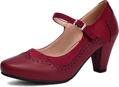 Elerhythm Women's Mary Jane Classic and Retro 1920s Pump Heels Gatsby Oxford Pattern 1950s Pinup Vintage Round Closed Toe 1940s Ankle Strap Dress Shoes in Saudi Arabia