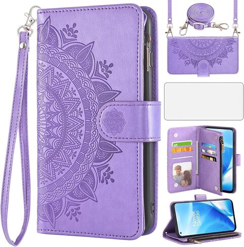 Asuwish Phone Case for OnePlus Nord N200 5G Wallet Cell Cover with Screen Protector Lanyard Wrist Strap Mandala Flower Card Holder One Plus N 200 G5 1 Plus 200N 1plus One+ 1+ N2005G 2021 Girls Purple in Saudi Arabia