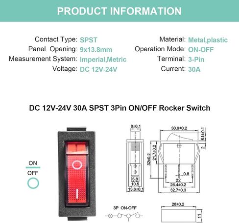 QTEATAK KCD3 SPST On/Off 3-Pin 2-Position Snap DC 12V-24V 30A Green LED Boat Rocker Toggle Switch - 5 عبوات (فقط لـ DC12-24V) in Kuwait