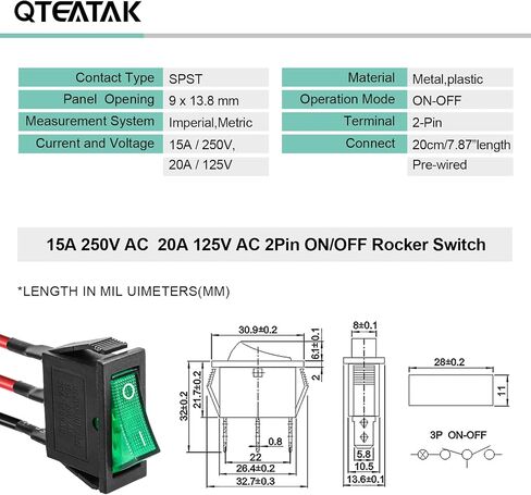 QTEATAK KCD3 SPST On/Off 3-Pin 2-Position Snap DC 12V-24V 30A Green LED Boat Rocker Toggle Switch - 5 عبوات (فقط لـ DC12-24V) in Kuwait