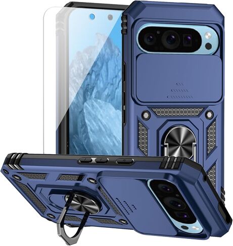 for Google Pixel 9 / Pixel 9 Pro Case with Camera Lens Cover HD Screen Protector, Dual Layer Military-Grade Tested Magnetic Ring Holder Kickstand Protective Phone Case for Pixel 9/9 Pro (Navy Blue) in Saudi Arabia