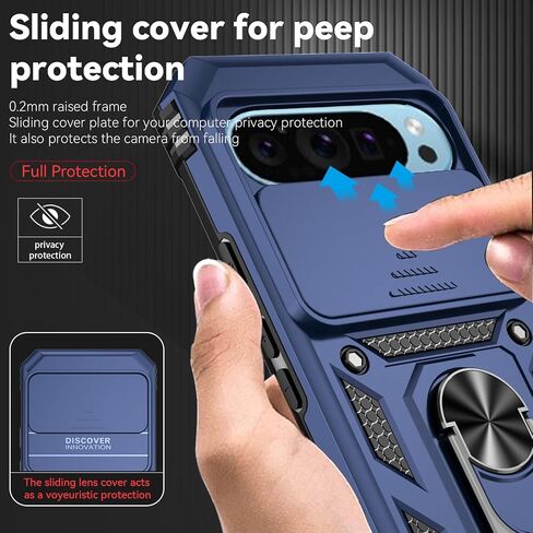 for Google Pixel 9 / Pixel 9 Pro Case with Camera Lens Cover HD Screen Protector, Dual Layer Military-Grade Tested Magnetic Ring Holder Kickstand Protective Phone Case for Pixel 9/9 Pro (Navy Blue) in Saudi Arabia