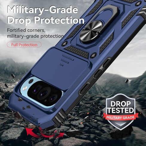 for Google Pixel 9 / Pixel 9 Pro Case with Camera Lens Cover HD Screen Protector, Dual Layer Military-Grade Tested Magnetic Ring Holder Kickstand Protective Phone Case for Pixel 9/9 Pro (Navy Blue) in Saudi Arabia