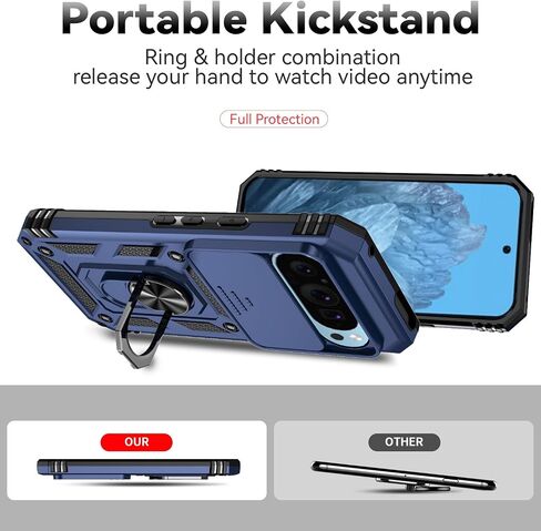 for Google Pixel 9 / Pixel 9 Pro Case with Camera Lens Cover HD Screen Protector, Dual Layer Military-Grade Tested Magnetic Ring Holder Kickstand Protective Phone Case for Pixel 9/9 Pro (Navy Blue) in Saudi Arabia