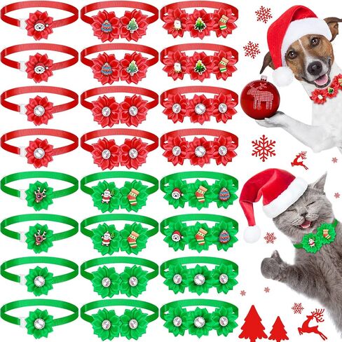 24 Pieces Christmas Dog Flower Collar Dog Bowties Adjustable Dog Collar Flower Artificial Diamond Flower Collar Christmas Dog Bow Collar Xmas Dog Accessories for Dogs Cats Pets (Elegant Style) in Saudi Arabia