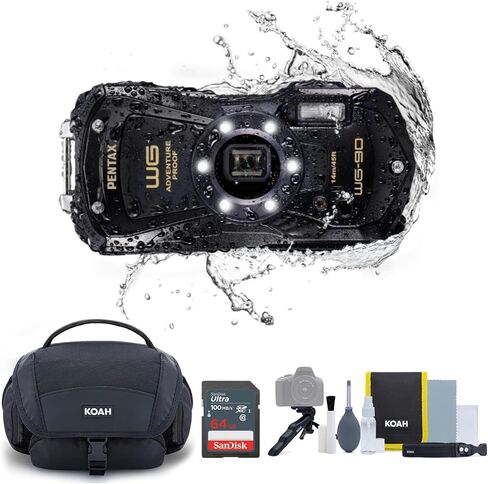 كاميرا مدمجة PENTAX WG-90، باللون الأسود مع حقيبة أدوات تنظيف الملحقات وبطاقة ذاكرة Ultra SDXC UHS-I سعة 64 جيجابايت (3 عناصر) in Saudi Arabia