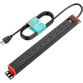 QBA Heavy Duty 8 Outlet Metal Power Strip - PD 20W Fast Charging, Long Surge Protector Power Strip with 360° Rotating Brackets, Wall Mountable Power Strip Ideal for Home Office Workbench Shop