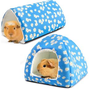 Guinea Pig House and Tunnel Set - 2 Pack Washable Guinea Pig Hideout Bed, Plush Small Animal Hide and Toy with Non-Slip Bottom for Ferret Dwarf Bunny