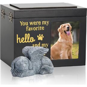 Large Pet Urns for Ashes,Black Wooden Pet Urns for Dog Ashes with Dog Angel,Memorial Keepsake Memory Box with Photo Frame Up to 230lbs